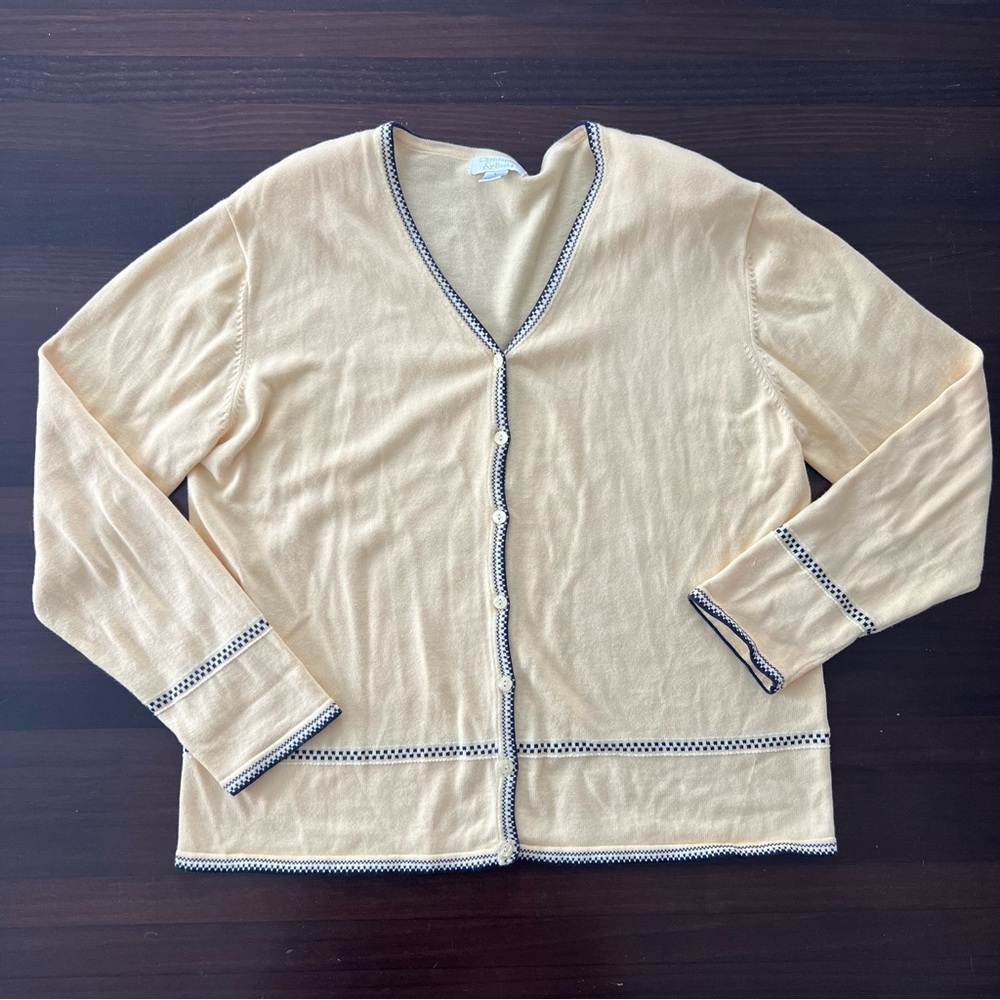 Butter Yellow Christopher & Banks Cardigan Navy Trim Cottagecore Grandmacore Lrg